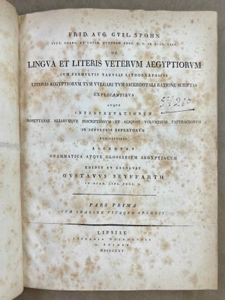 De lingua et literis veterum Aegyptiorum. Cum permultis tabulis lithographicis literas Aegyptiorum tum vulgari tum sacerdotali ratione scriptas explicantibus atque interpretationem Rosettanae aliarumque inscriptionum et aliquot voluminum papyraceorum in sepuloris repertorum exhibentibus. Accedunt Grammatica atque Glossarium Aegyptiacum. Pars 1 & 2 (complete)[newline]M12656-08.jpeg