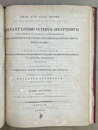De lingua et literis veterum Aegyptiorum. Cum permultis tabulis lithographicis literas Aegyptiorum tum vulgari tum sacerdotali ratione scriptas explicantibus atque interpretationem Rosettanae aliarumque inscriptionum et aliquot voluminum papyraceorum in sepuloris repertorum exhibentibus. Accedunt Grammatica atque Glossarium Aegyptiacum. Pars 1 & 2 (complete)[newline]M12656-18.jpeg