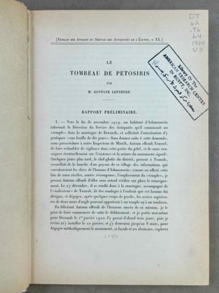 Le tombeau de P&eacute;tosiris. Rapports pr&eacute;liminaires et &eacute;tudes, 1920-1923.