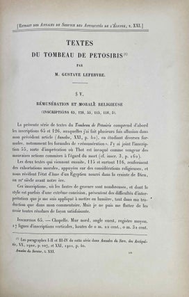 Le tombeau de Pétosiris. Rapports préliminaires et études, 1920-1923.