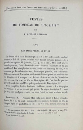Le tombeau de Pétosiris. Rapports préliminaires et études, 1920-1923.