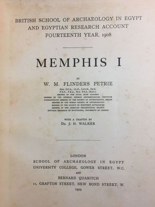 Memphis series, complete set of 7 volumes. Vol. I: Memphis I. Vol. II: The palace of Apries (Memphis II). Vol. III: Meydum and Memphis III. Vol. IV: Roman portraits and Memphis (IV). Vol. V: Tarkhan I and Memphis (V). Vol. VI: Riqqeh and Memphis VI. Vol. VII: Tarkhan II.[newline]M1294c-03.jpg