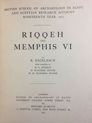 Memphis series, complete set of 7 volumes. Vol. I: Memphis I. Vol. II: The palace of Apries (Memphis II). Vol. III: Meydum and Memphis III. Vol. IV: Roman portraits and Memphis (IV). Vol. V: Tarkhan I and Memphis (V). Vol. VI: Riqqeh and Memphis VI. Vol. VII: Tarkhan II.[newline]M1294c-57.jpg