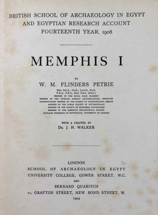 Memphis series, set of 6 volumes. Vol. I: Memphis I. Vol. II: The palace of Apries (Memphis II). Vol. III: Meydum and Memphis III. Vol. IV: Roman portraits and Memphis (IV). Vol. V: Tarkhan I and Memphis (V). Vol. VI: Riqqeh and Memphis VI. (complete for Memphis, not including Tarkhan II)[newline]M1294h-02.jpg