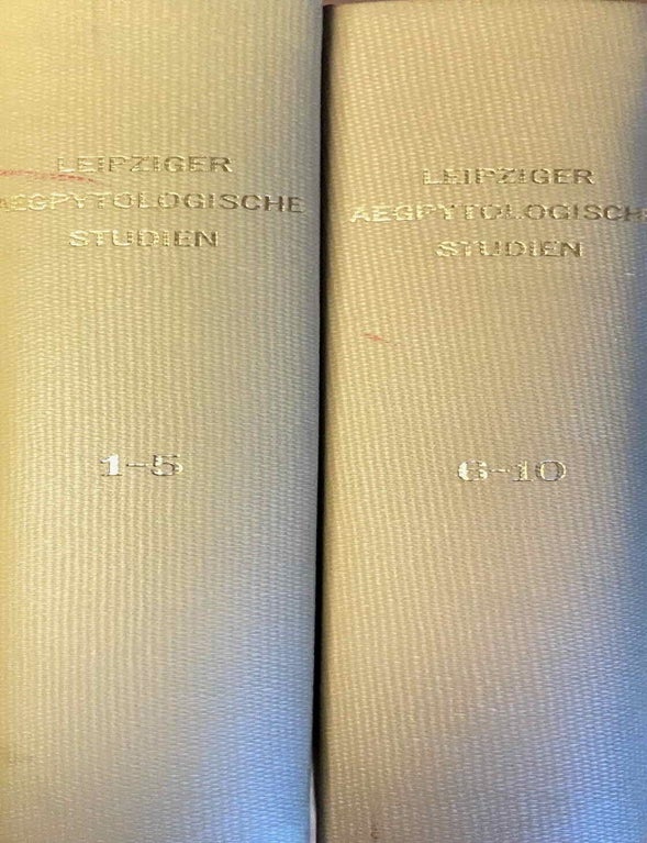 Item #M12971 Leipziger &auml;gyptologische Studien 1-10. Vol. 1: Wolf, Individuum und Gemeinschaft in der &auml;gyptischen Kultur. Vol. 2: Spiegel, Die Idee vom Totengericht in der &auml;gyptischen Religion (XEROX). Vol. 3: Sethe, Das hieroglyphische Schriftsystem. Ein Vortrag. Vol. 4: Steindorff & Wolf, Die thebanische Gr&auml;berwelt. Vol. 5: Sch&auml;fer, Das alt&auml;gyptische Bildnis. Vol. 6: Schaedel, Die Listen des grossen Papyrus Harris. Ihre wirtschaftliche und politische Ausdeutung. Vol. 7: Grapow, Sprachliche und schriftliche Formung &auml;gyptischer Texte. Vol. 8: Wolf, Wesen und Wert der &Auml;gyptologie. Vol. 9: Spiegel, Die Erz&auml;hlung vom Streite des Horus und Seth in Pap. Beatty I als Literaturwerk. Vol. 10: Hermann, Die &auml;gyptische K&ouml;nigsnovelle. WOLF Walther - SPIEGEL Joachim - SETHE Kurt - STEINDORFF Georg - SCH&Auml;FER Heinrich - SCHAEDEL Herbert D. - GRAPOW Hermann - HERMANN Alfred.[newline]M12971-00.jpeg