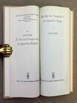 Leipziger &auml;gyptologische Studien 1-10. Vol. 1: Wolf, Individuum und Gemeinschaft in der &auml;gyptischen Kultur. Vol. 2: Spiegel, Die Idee vom Totengericht in der &auml;gyptischen Religion (XEROX). Vol. 3: Sethe, Das hieroglyphische Schriftsystem. Ein Vortrag. Vol. 4: Steindorff & Wolf, Die thebanische Gr&auml;berwelt. Vol. 5: Sch&auml;fer, Das alt&auml;gyptische Bildnis. Vol. 6: Schaedel, Die Listen des grossen Papyrus Harris. Ihre wirtschaftliche und politische Ausdeutung. Vol. 7: Grapow, Sprachliche und schriftliche Formung &auml;gyptischer Texte. Vol. 8: Wolf, Wesen und Wert der &Auml;gyptologie. Vol. 9: Spiegel, Die Erz&auml;hlung vom Streite des Horus und Seth in Pap. Beatty I als Literaturwerk. Vol. 10: Hermann, Die &auml;gyptische K&ouml;nigsnovelle.[newline]M12971-02.jpeg