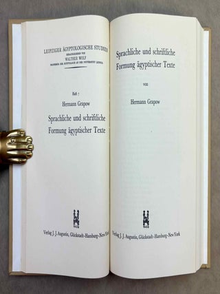 Leipziger &auml;gyptologische Studien 1-10. Vol. 1: Wolf, Individuum und Gemeinschaft in der &auml;gyptischen Kultur. Vol. 2: Spiegel, Die Idee vom Totengericht in der &auml;gyptischen Religion (XEROX). Vol. 3: Sethe, Das hieroglyphische Schriftsystem. Ein Vortrag. Vol. 4: Steindorff & Wolf, Die thebanische Gr&auml;berwelt. Vol. 5: Sch&auml;fer, Das alt&auml;gyptische Bildnis. Vol. 6: Schaedel, Die Listen des grossen Papyrus Harris. Ihre wirtschaftliche und politische Ausdeutung. Vol. 7: Grapow, Sprachliche und schriftliche Formung &auml;gyptischer Texte. Vol. 8: Wolf, Wesen und Wert der &Auml;gyptologie. Vol. 9: Spiegel, Die Erz&auml;hlung vom Streite des Horus und Seth in Pap. Beatty I als Literaturwerk. Vol. 10: Hermann, Die &auml;gyptische K&ouml;nigsnovelle.[newline]M12971-07.jpeg