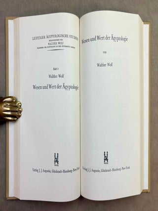 Leipziger &auml;gyptologische Studien 1-10. Vol. 1: Wolf, Individuum und Gemeinschaft in der &auml;gyptischen Kultur. Vol. 2: Spiegel, Die Idee vom Totengericht in der &auml;gyptischen Religion (XEROX). Vol. 3: Sethe, Das hieroglyphische Schriftsystem. Ein Vortrag. Vol. 4: Steindorff & Wolf, Die thebanische Gr&auml;berwelt. Vol. 5: Sch&auml;fer, Das alt&auml;gyptische Bildnis. Vol. 6: Schaedel, Die Listen des grossen Papyrus Harris. Ihre wirtschaftliche und politische Ausdeutung. Vol. 7: Grapow, Sprachliche und schriftliche Formung &auml;gyptischer Texte. Vol. 8: Wolf, Wesen und Wert der &Auml;gyptologie. Vol. 9: Spiegel, Die Erz&auml;hlung vom Streite des Horus und Seth in Pap. Beatty I als Literaturwerk. Vol. 10: Hermann, Die &auml;gyptische K&ouml;nigsnovelle.[newline]M12971-08.jpeg