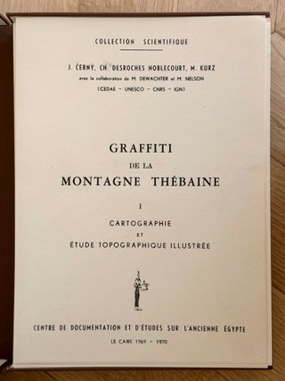 Graffiti de la montagne th&eacute;baine. Complete run of I-III (except II,4), as follows: Vol. I: Cartographie, topographie, g&eacute;omorphologie, pr&eacute;histoire. I,1: Cartographie et &eacute;tude topographique illustr&eacute;e. I,2: La vall&eacute;e de l'ouest. I,3: Compl&eacute;ments aux secteurs A et C. Franges du Sahara th&eacute;bain. I,4: Vall&eacute;e des p&eacute;lerins d'Espagne (E.1) et compl&eacute;ments aux secteurs A, B et C. Nouvelles observations &agrave; la frange du Sahara th&eacute;bain (vol. I is complete). Vol. II: Plans de position. Issues II,1 to II,3 and II,5 to II,6 (Vol. II is missing II,4). Vol. III: Fac-simil&eacute;s. Issues III,1 to III,7 (Vol. III is complete).