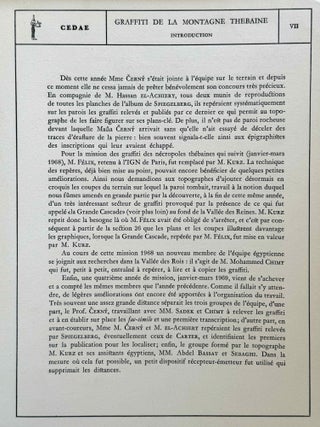 Graffiti de la montagne th&eacute;baine. Complete run of I-III (except II,4), as follows: Vol. I: Cartographie, topographie, g&eacute;omorphologie, pr&eacute;histoire. I,1: Cartographie et &eacute;tude topographique illustr&eacute;e. I,2: La vall&eacute;e de l'ouest. I,3: Compl&eacute;ments aux secteurs A et C. Franges du Sahara th&eacute;bain. I,4: Vall&eacute;e des p&eacute;lerins d'Espagne (E.1) et compl&eacute;ments aux secteurs A, B et C. Nouvelles observations &agrave; la frange du Sahara th&eacute;bain (vol. I is complete). Vol. II: Plans de position. Issues II,1 to II,3 and II,5 to II,6 (Vol. II is missing II,4). Vol. III: Fac-simil&eacute;s. Issues III,1 to III,7 (Vol. III is complete).