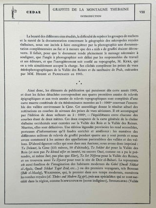 Graffiti de la montagne th&eacute;baine. Complete run of I-III (except II,4), as follows: Vol. I: Cartographie, topographie, g&eacute;omorphologie, pr&eacute;histoire. I,1: Cartographie et &eacute;tude topographique illustr&eacute;e. I,2: La vall&eacute;e de l'ouest. I,3: Compl&eacute;ments aux secteurs A et C. Franges du Sahara th&eacute;bain. I,4: Vall&eacute;e des p&eacute;lerins d'Espagne (E.1) et compl&eacute;ments aux secteurs A, B et C. Nouvelles observations &agrave; la frange du Sahara th&eacute;bain (vol. I is complete). Vol. II: Plans de position. Issues II,1 to II,3 and II,5 to II,6 (Vol. II is missing II,4). Vol. III: Fac-simil&eacute;s. Issues III,1 to III,7 (Vol. III is complete).