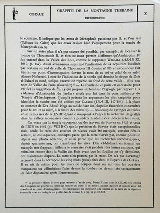 Graffiti de la montagne th&eacute;baine. Complete run of I-III (except II,4), as follows: Vol. I: Cartographie, topographie, g&eacute;omorphologie, pr&eacute;histoire. I,1: Cartographie et &eacute;tude topographique illustr&eacute;e. I,2: La vall&eacute;e de l'ouest. I,3: Compl&eacute;ments aux secteurs A et C. Franges du Sahara th&eacute;bain. I,4: Vall&eacute;e des p&eacute;lerins d'Espagne (E.1) et compl&eacute;ments aux secteurs A, B et C. Nouvelles observations &agrave; la frange du Sahara th&eacute;bain (vol. I is complete). Vol. II: Plans de position. Issues II,1 to II,3 and II,5 to II,6 (Vol. II is missing II,4). Vol. III: Fac-simil&eacute;s. Issues III,1 to III,7 (Vol. III is complete).