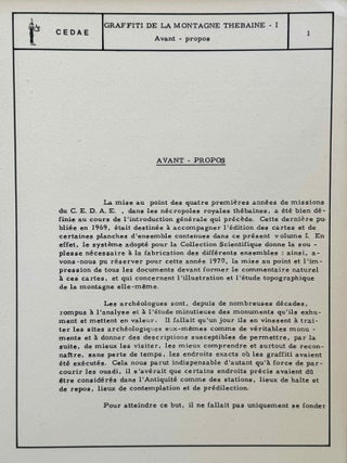 Graffiti de la montagne th&eacute;baine. Complete run of I-III (except II,4), as follows: Vol. I: Cartographie, topographie, g&eacute;omorphologie, pr&eacute;histoire. I,1: Cartographie et &eacute;tude topographique illustr&eacute;e. I,2: La vall&eacute;e de l'ouest. I,3: Compl&eacute;ments aux secteurs A et C. Franges du Sahara th&eacute;bain. I,4: Vall&eacute;e des p&eacute;lerins d'Espagne (E.1) et compl&eacute;ments aux secteurs A, B et C. Nouvelles observations &agrave; la frange du Sahara th&eacute;bain (vol. I is complete). Vol. II: Plans de position. Issues II,1 to II,3 and II,5 to II,6 (Vol. II is missing II,4). Vol. III: Fac-simil&eacute;s. Issues III,1 to III,7 (Vol. III is complete).