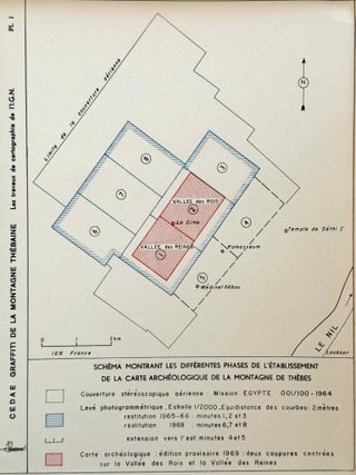 Graffiti de la montagne th&eacute;baine. Complete run of I-III (except II,4), as follows: Vol. I: Cartographie, topographie, g&eacute;omorphologie, pr&eacute;histoire. I,1: Cartographie et &eacute;tude topographique illustr&eacute;e. I,2: La vall&eacute;e de l'ouest. I,3: Compl&eacute;ments aux secteurs A et C. Franges du Sahara th&eacute;bain. I,4: Vall&eacute;e des p&eacute;lerins d'Espagne (E.1) et compl&eacute;ments aux secteurs A, B et C. Nouvelles observations &agrave; la frange du Sahara th&eacute;bain (vol. I is complete). Vol. II: Plans de position. Issues II,1 to II,3 and II,5 to II,6 (Vol. II is missing II,4). Vol. III: Fac-simil&eacute;s. Issues III,1 to III,7 (Vol. III is complete).
