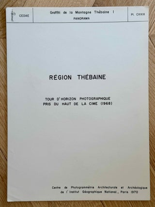 Graffiti de la montagne th&eacute;baine. Complete run of I-III (except II,4), as follows: Vol. I: Cartographie, topographie, g&eacute;omorphologie, pr&eacute;histoire. I,1: Cartographie et &eacute;tude topographique illustr&eacute;e. I,2: La vall&eacute;e de l'ouest. I,3: Compl&eacute;ments aux secteurs A et C. Franges du Sahara th&eacute;bain. I,4: Vall&eacute;e des p&eacute;lerins d'Espagne (E.1) et compl&eacute;ments aux secteurs A, B et C. Nouvelles observations &agrave; la frange du Sahara th&eacute;bain (vol. I is complete). Vol. II: Plans de position. Issues II,1 to II,3 and II,5 to II,6 (Vol. II is missing II,4). Vol. III: Fac-simil&eacute;s. Issues III,1 to III,7 (Vol. III is complete).