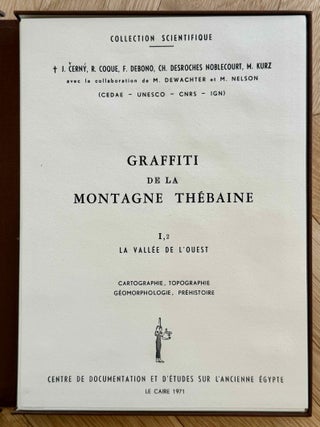 Graffiti de la montagne th&eacute;baine. Complete run of I-III (except II,4), as follows: Vol. I: Cartographie, topographie, g&eacute;omorphologie, pr&eacute;histoire. I,1: Cartographie et &eacute;tude topographique illustr&eacute;e. I,2: La vall&eacute;e de l'ouest. I,3: Compl&eacute;ments aux secteurs A et C. Franges du Sahara th&eacute;bain. I,4: Vall&eacute;e des p&eacute;lerins d'Espagne (E.1) et compl&eacute;ments aux secteurs A, B et C. Nouvelles observations &agrave; la frange du Sahara th&eacute;bain (vol. I is complete). Vol. II: Plans de position. Issues II,1 to II,3 and II,5 to II,6 (Vol. II is missing II,4). Vol. III: Fac-simil&eacute;s. Issues III,1 to III,7 (Vol. III is complete).