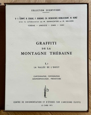 Graffiti de la montagne thébaine. Complete run of I-III (except II,4), as follows: Vol. I: Cartographie, topographie, géomorphologie, préhistoire. I,1: Cartographie et étude topographique illustrée. I,2: La vallée de l'ouest. I,3: Compléments aux secteurs A et C. Franges du Sahara thébain. I,4: Vallée des pélerins d'Espagne (E.1) et compléments aux secteurs A, B et C. Nouvelles observations à la frange du Sahara thébain (vol. I is complete). Vol. II: Plans de position. Issues II,1 to II,3 and II,5 to II,6 (Vol. II is missing II,4). Vol. III: Fac-similés. Issues III,1 to III,7 (Vol. III is complete).