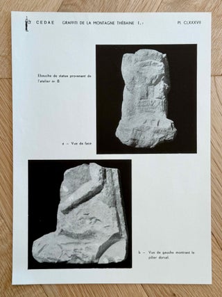 Graffiti de la montagne th&eacute;baine. Complete run of I-III (except II,4), as follows: Vol. I: Cartographie, topographie, g&eacute;omorphologie, pr&eacute;histoire. I,1: Cartographie et &eacute;tude topographique illustr&eacute;e. I,2: La vall&eacute;e de l'ouest. I,3: Compl&eacute;ments aux secteurs A et C. Franges du Sahara th&eacute;bain. I,4: Vall&eacute;e des p&eacute;lerins d'Espagne (E.1) et compl&eacute;ments aux secteurs A, B et C. Nouvelles observations &agrave; la frange du Sahara th&eacute;bain (vol. I is complete). Vol. II: Plans de position. Issues II,1 to II,3 and II,5 to II,6 (Vol. II is missing II,4). Vol. III: Fac-simil&eacute;s. Issues III,1 to III,7 (Vol. III is complete).