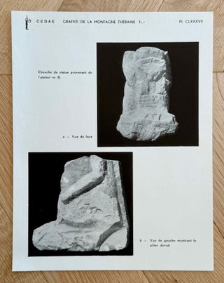 Graffiti de la montagne thébaine. Complete run of I-III (except II,4), as follows: Vol. I: Cartographie, topographie, géomorphologie, préhistoire. I,1: Cartographie et étude topographique illustrée. I,2: La vallée de l'ouest. I,3: Compléments aux secteurs A et C. Franges du Sahara thébain. I,4: Vallée des pélerins d'Espagne (E.1) et compléments aux secteurs A, B et C. Nouvelles observations à la frange du Sahara thébain (vol. I is complete). Vol. II: Plans de position. Issues II,1 to II,3 and II,5 to II,6 (Vol. II is missing II,4). Vol. III: Fac-similés. Issues III,1 to III,7 (Vol. III is complete).