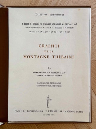 Graffiti de la montagne th&eacute;baine. Complete run of I-III (except II,4), as follows: Vol. I: Cartographie, topographie, g&eacute;omorphologie, pr&eacute;histoire. I,1: Cartographie et &eacute;tude topographique illustr&eacute;e. I,2: La vall&eacute;e de l'ouest. I,3: Compl&eacute;ments aux secteurs A et C. Franges du Sahara th&eacute;bain. I,4: Vall&eacute;e des p&eacute;lerins d'Espagne (E.1) et compl&eacute;ments aux secteurs A, B et C. Nouvelles observations &agrave; la frange du Sahara th&eacute;bain (vol. I is complete). Vol. II: Plans de position. Issues II,1 to II,3 and II,5 to II,6 (Vol. II is missing II,4). Vol. III: Fac-simil&eacute;s. Issues III,1 to III,7 (Vol. III is complete).