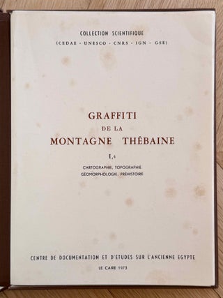 Graffiti de la montagne th&eacute;baine. Complete run of I-III (except II,4), as follows: Vol. I: Cartographie, topographie, g&eacute;omorphologie, pr&eacute;histoire. I,1: Cartographie et &eacute;tude topographique illustr&eacute;e. I,2: La vall&eacute;e de l'ouest. I,3: Compl&eacute;ments aux secteurs A et C. Franges du Sahara th&eacute;bain. I,4: Vall&eacute;e des p&eacute;lerins d'Espagne (E.1) et compl&eacute;ments aux secteurs A, B et C. Nouvelles observations &agrave; la frange du Sahara th&eacute;bain (vol. I is complete). Vol. II: Plans de position. Issues II,1 to II,3 and II,5 to II,6 (Vol. II is missing II,4). Vol. III: Fac-simil&eacute;s. Issues III,1 to III,7 (Vol. III is complete).