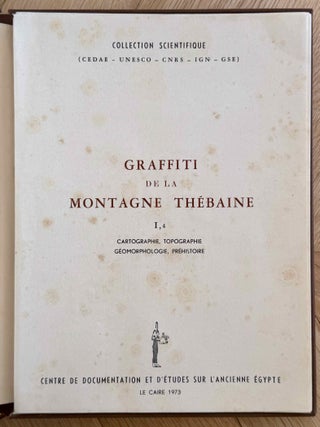 Graffiti de la montagne th&eacute;baine. Complete run of I-III (except II,4), as follows: Vol. I: Cartographie, topographie, g&eacute;omorphologie, pr&eacute;histoire. I,1: Cartographie et &eacute;tude topographique illustr&eacute;e. I,2: La vall&eacute;e de l'ouest. I,3: Compl&eacute;ments aux secteurs A et C. Franges du Sahara th&eacute;bain. I,4: Vall&eacute;e des p&eacute;lerins d'Espagne (E.1) et compl&eacute;ments aux secteurs A, B et C. Nouvelles observations &agrave; la frange du Sahara th&eacute;bain (vol. I is complete). Vol. II: Plans de position. Issues II,1 to II,3 and II,5 to II,6 (Vol. II is missing II,4). Vol. III: Fac-simil&eacute;s. Issues III,1 to III,7 (Vol. III is complete).