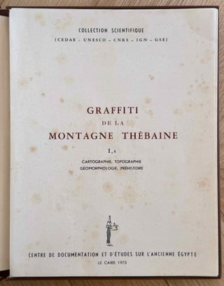 Graffiti de la montagne thébaine. Complete run of I-III (except II,4), as follows: Vol. I: Cartographie, topographie, géomorphologie, préhistoire. I,1: Cartographie et étude topographique illustrée. I,2: La vallée de l'ouest. I,3: Compléments aux secteurs A et C. Franges du Sahara thébain. I,4: Vallée des pélerins d'Espagne (E.1) et compléments aux secteurs A, B et C. Nouvelles observations à la frange du Sahara thébain (vol. I is complete). Vol. II: Plans de position. Issues II,1 to II,3 and II,5 to II,6 (Vol. II is missing II,4). Vol. III: Fac-similés. Issues III,1 to III,7 (Vol. III is complete).