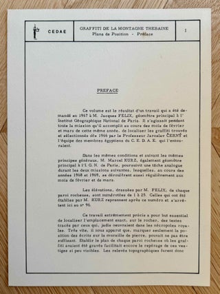 Graffiti de la montagne th&eacute;baine. Complete run of I-III (except II,4), as follows: Vol. I: Cartographie, topographie, g&eacute;omorphologie, pr&eacute;histoire. I,1: Cartographie et &eacute;tude topographique illustr&eacute;e. I,2: La vall&eacute;e de l'ouest. I,3: Compl&eacute;ments aux secteurs A et C. Franges du Sahara th&eacute;bain. I,4: Vall&eacute;e des p&eacute;lerins d'Espagne (E.1) et compl&eacute;ments aux secteurs A, B et C. Nouvelles observations &agrave; la frange du Sahara th&eacute;bain (vol. I is complete). Vol. II: Plans de position. Issues II,1 to II,3 and II,5 to II,6 (Vol. II is missing II,4). Vol. III: Fac-simil&eacute;s. Issues III,1 to III,7 (Vol. III is complete).