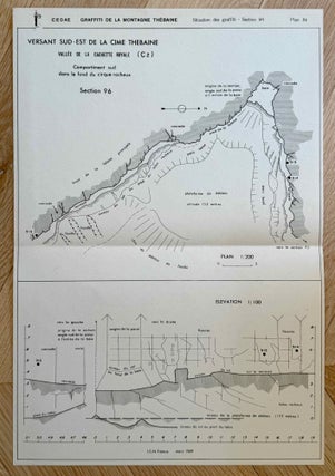 Graffiti de la montagne thébaine. Complete run of I-III (except II,4), as follows: Vol. I: Cartographie, topographie, géomorphologie, préhistoire. I,1: Cartographie et étude topographique illustrée. I,2: La vallée de l'ouest. I,3: Compléments aux secteurs A et C. Franges du Sahara thébain. I,4: Vallée des pélerins d'Espagne (E.1) et compléments aux secteurs A, B et C. Nouvelles observations à la frange du Sahara thébain (vol. I is complete). Vol. II: Plans de position. Issues II,1 to II,3 and II,5 to II,6 (Vol. II is missing II,4). Vol. III: Fac-similés. Issues III,1 to III,7 (Vol. III is complete).