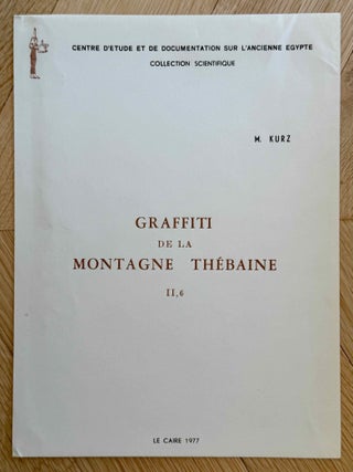Graffiti de la montagne th&eacute;baine. Complete run of I-III (except II,4), as follows: Vol. I: Cartographie, topographie, g&eacute;omorphologie, pr&eacute;histoire. I,1: Cartographie et &eacute;tude topographique illustr&eacute;e. I,2: La vall&eacute;e de l'ouest. I,3: Compl&eacute;ments aux secteurs A et C. Franges du Sahara th&eacute;bain. I,4: Vall&eacute;e des p&eacute;lerins d'Espagne (E.1) et compl&eacute;ments aux secteurs A, B et C. Nouvelles observations &agrave; la frange du Sahara th&eacute;bain (vol. I is complete). Vol. II: Plans de position. Issues II,1 to II,3 and II,5 to II,6 (Vol. II is missing II,4). Vol. III: Fac-simil&eacute;s. Issues III,1 to III,7 (Vol. III is complete).