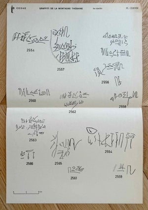 Graffiti de la montagne thébaine. Complete run of I-III (except II,4), as follows: Vol. I: Cartographie, topographie, géomorphologie, préhistoire. I,1: Cartographie et étude topographique illustrée. I,2: La vallée de l'ouest. I,3: Compléments aux secteurs A et C. Franges du Sahara thébain. I,4: Vallée des pélerins d'Espagne (E.1) et compléments aux secteurs A, B et C. Nouvelles observations à la frange du Sahara thébain (vol. I is complete). Vol. II: Plans de position. Issues II,1 to II,3 and II,5 to II,6 (Vol. II is missing II,4). Vol. III: Fac-similés. Issues III,1 to III,7 (Vol. III is complete).