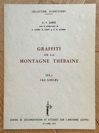 Graffiti de la montagne th&eacute;baine. Complete run of I-III (except II,4), as follows: Vol. I: Cartographie, topographie, g&eacute;omorphologie, pr&eacute;histoire. I,1: Cartographie et &eacute;tude topographique illustr&eacute;e. I,2: La vall&eacute;e de l'ouest. I,3: Compl&eacute;ments aux secteurs A et C. Franges du Sahara th&eacute;bain. I,4: Vall&eacute;e des p&eacute;lerins d'Espagne (E.1) et compl&eacute;ments aux secteurs A, B et C. Nouvelles observations &agrave; la frange du Sahara th&eacute;bain (vol. I is complete). Vol. II: Plans de position. Issues II,1 to II,3 and II,5 to II,6 (Vol. II is missing II,4). Vol. III: Fac-simil&eacute;s. Issues III,1 to III,7 (Vol. III is complete).