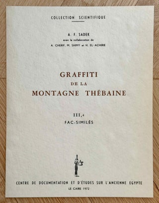 Graffiti de la montagne thébaine. Complete run of I-III (except II,4), as follows: Vol. I: Cartographie, topographie, géomorphologie, préhistoire. I,1: Cartographie et étude topographique illustrée. I,2: La vallée de l'ouest. I,3: Compléments aux secteurs A et C. Franges du Sahara thébain. I,4: Vallée des pélerins d'Espagne (E.1) et compléments aux secteurs A, B et C. Nouvelles observations à la frange du Sahara thébain (vol. I is complete). Vol. II: Plans de position. Issues II,1 to II,3 and II,5 to II,6 (Vol. II is missing II,4). Vol. III: Fac-similés. Issues III,1 to III,7 (Vol. III is complete).