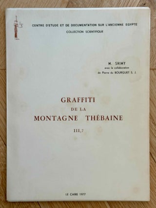 Graffiti de la montagne th&eacute;baine. Complete run of I-III (except II,4), as follows: Vol. I: Cartographie, topographie, g&eacute;omorphologie, pr&eacute;histoire. I,1: Cartographie et &eacute;tude topographique illustr&eacute;e. I,2: La vall&eacute;e de l'ouest. I,3: Compl&eacute;ments aux secteurs A et C. Franges du Sahara th&eacute;bain. I,4: Vall&eacute;e des p&eacute;lerins d'Espagne (E.1) et compl&eacute;ments aux secteurs A, B et C. Nouvelles observations &agrave; la frange du Sahara th&eacute;bain (vol. I is complete). Vol. II: Plans de position. Issues II,1 to II,3 and II,5 to II,6 (Vol. II is missing II,4). Vol. III: Fac-simil&eacute;s. Issues III,1 to III,7 (Vol. III is complete).