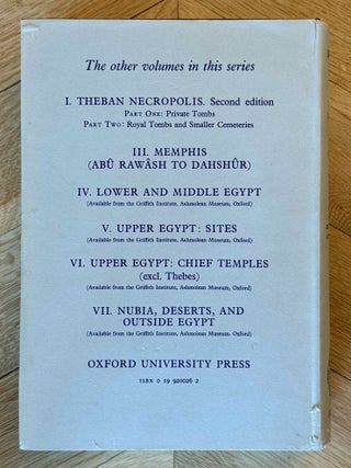 Topographical Bibliography. Vol. I: The Theban necropolis. Part 1: Private tombs. Part 2: Royal tombs and smaller cemeteries. Vol. II: Theban temples. Vol. III: Memphis. Part 1: Abu Rawash to Abusir. Part 2: Saqqara to Dahshur. Vol. VI: Upper Egypt: Chief Temples (excluding Thebes). Abydos, Dendera, Esna, Edfu, K&ocirc;m Ombo, and Philae. Vol. VII: Nubia deserts and outside Egypt (missing vol. IV, V & VIII)[newline]M1360e-32.jpeg