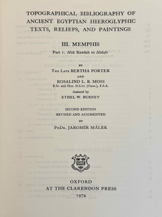 Topographical Bibliography. Vol. I: The Theban necropolis. Part 1: Private tombs. Part 2: Royal tombs and smaller cemeteries. Vol. II: Theban temples. Vol. III: Memphis. Part 1: Abu Rawash to Abusir. Part 2: Saqqara to Dahshur. Vol. VI: Upper Egypt: Chief Temples (excluding Thebes). Abydos, Dendera, Esna, Edfu, K&ocirc;m Ombo, and Philae. Vol. VII: Nubia deserts and outside Egypt (missing vol. IV, V & VIII)[newline]M1360e-34.jpeg