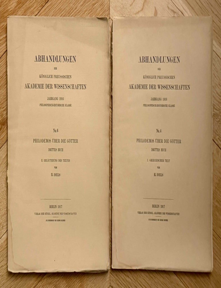 Item #M13691 Philodemos &uuml;ber die G&ouml;tter. Drittes Buch. I. Griechischer Text. II. Erl&auml;uterung des Textes (complete set). DIELS Hermann.[newline]M13691-00.jpeg