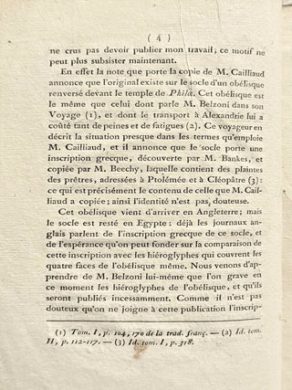 Eclaircissemens sur une inscription grecque contenant une p&eacute;tition des pr&ecirc;tres d'Isis dans l'&icirc;le de Philae, &agrave; Ptol&eacute;m&eacute;e Everg&egrave;te second. Copi&eacute;e &agrave; Philae par M. Cailliaud, en octobre 1816.