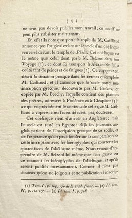 Eclaircissemens sur une inscription grecque contenant une pétition des prêtres d'Isis dans l'île de Philae, à Ptolémée Evergète second. Copiée à Philae par M. Cailliaud, en octobre 1816.