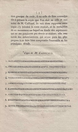 Eclaircissemens sur une inscription grecque contenant une pétition des prêtres d'Isis dans l'île de Philae, à Ptolémée Evergète second. Copiée à Philae par M. Cailliaud, en octobre 1816.