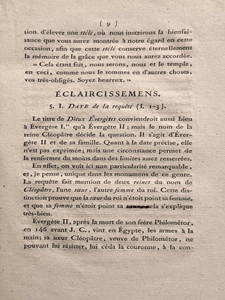 Eclaircissemens sur une inscription grecque contenant une p&eacute;tition des pr&ecirc;tres d'Isis dans l'&icirc;le de Philae, &agrave; Ptol&eacute;m&eacute;e Everg&egrave;te second. Copi&eacute;e &agrave; Philae par M. Cailliaud, en octobre 1816.