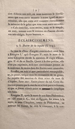 Eclaircissemens sur une inscription grecque contenant une pétition des prêtres d'Isis dans l'île de Philae, à Ptolémée Evergète second. Copiée à Philae par M. Cailliaud, en octobre 1816.