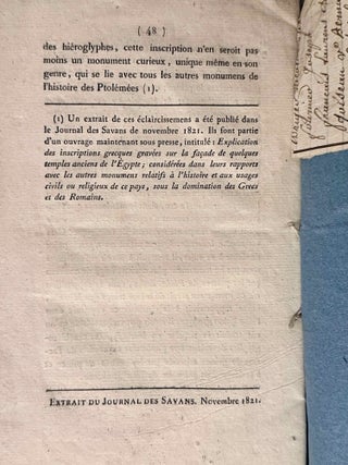 Eclaircissemens sur une inscription grecque contenant une p&eacute;tition des pr&ecirc;tres d'Isis dans l'&icirc;le de Philae, &agrave; Ptol&eacute;m&eacute;e Everg&egrave;te second. Copi&eacute;e &agrave; Philae par M. Cailliaud, en octobre 1816.