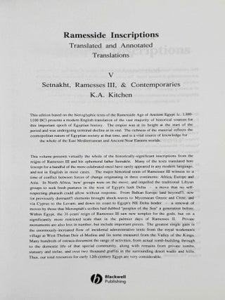 Ramesside inscriptions. Translated and annotated. Translations. Vol. V: Setnakht, Ramesses III and contemporaries.