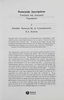 Ramesside inscriptions. Translated and annotated. Translations. Vol. V: Setnakht, Ramesses III and contemporaries.