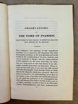 Memoranda, illustrative of the tombs and sepulchral decorations of the Egyptians. With a key to the Egyptian tomb now exhibiting in Piccadilly. Also, remarks on mummies, and observations on the process of embalming, by Edward Upham [BOUND WITH:] Illustrations of Egyptian antiquities. Containing a complete description of mummies. The ancient methods of embalming, sculpture, and painting. With ample tables of the Isiac deities, and the best authenticated hieroglyphics, by an anonymous author.[newline]M14675-06.jpeg