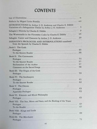 Florentine Codex. Part I: Introduction and Indices. Introductions, Sahag&uacute;n's Prologues and Interpolations, General Bibliography, General Indices. Part II: Book I: The Gods. Translated from the Aztec into English, with Notes and Illustrations. (color XEROX)