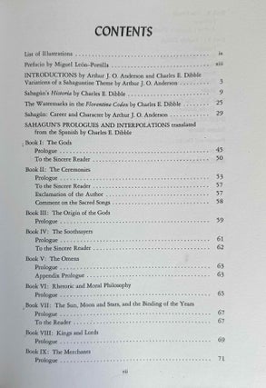 Florentine Codex. Part I: Introduction and Indices. Introductions, Sahagún's Prologues and Interpolations, General Bibliography, General Indices. Part II: Book I: The Gods. Translated from the Aztec into English, with Notes and Illustrations. (color XEROX)