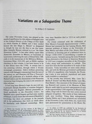 Florentine Codex. Part I: Introduction and Indices. Introductions, Sahagún's Prologues and Interpolations, General Bibliography, General Indices. Part II: Book I: The Gods. Translated from the Aztec into English, with Notes and Illustrations. (color XEROX)