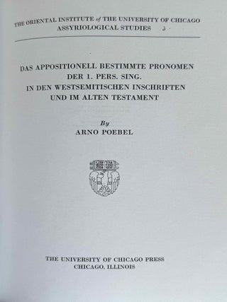 9 volumes of Assyriological studies, in XEROX. 1) Beitr&auml;ge zum Assyrischen W&ouml;rterbuch, by Bruno Meissner. 2) The Sumerian prefix forms E- and I- in the time of the earlier princes from Lagas, by Arno Poebel. 3) Das appositionnel bestimmte Pronomen der 1. Pers. Sing. in den westsemitischen Inschriften und im Alten Testament, by Arno Poebel. 4) Beitr&auml;ge zum Assyrischen W&ouml;rterbuch II, by Bruno Meissner. 5) Philological Notes on Eshnunna and its Inscriptions, by Thorkild Jakobsen. 6) The Sumerian prefix forms BE- and BI- in the time of the earlier princes from Lagas, by Samuel N. Kramer. 7) Studies in Akkadian Grammar, by Arno Poebel. 8) Lamentation over the Destruction of Ur, by Samuel N. Kramer. 9) The System of the Quadriliteral verb in Akkadian, by Alexander Heidel.